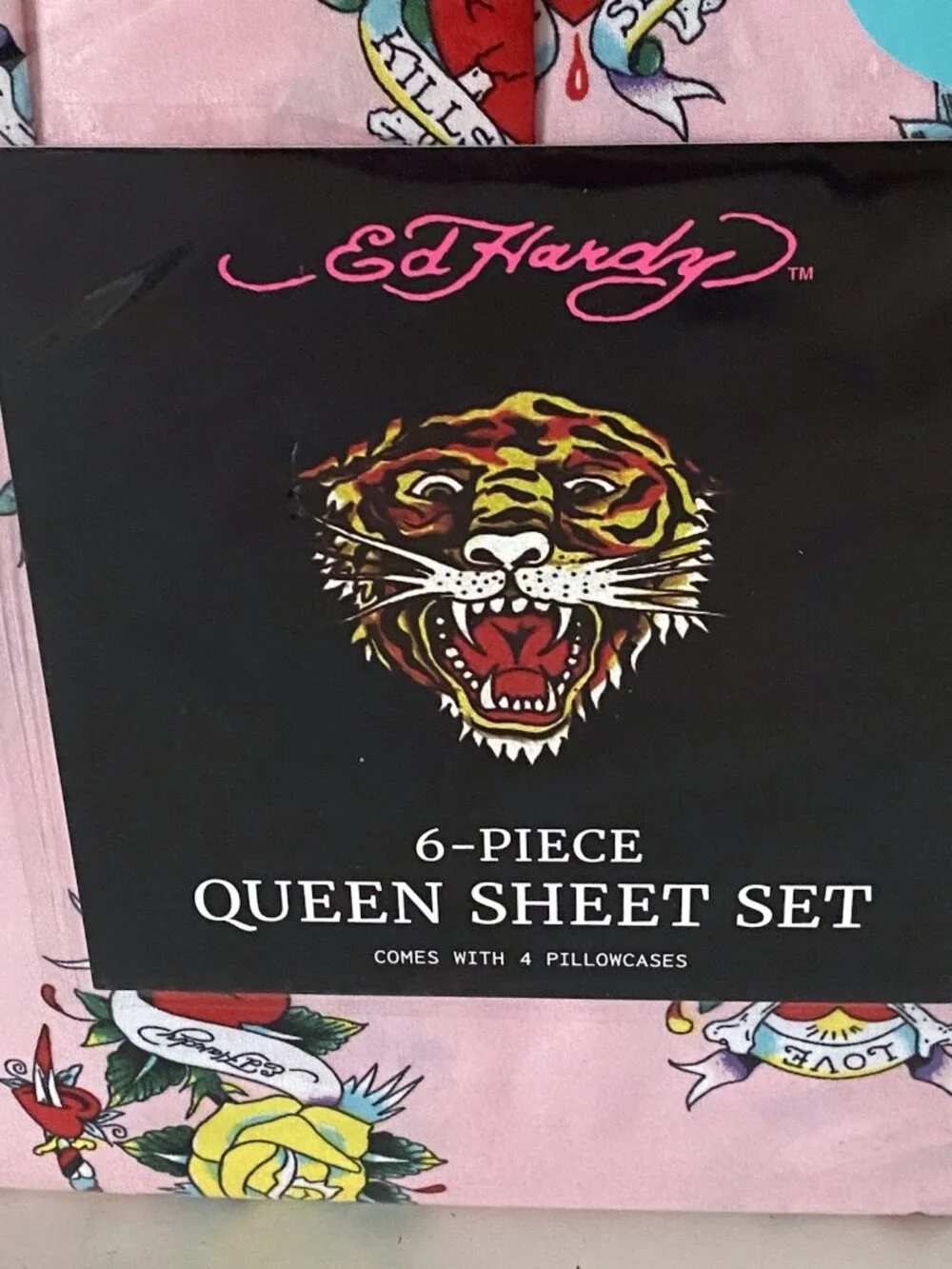 6 Piece Ed Hardy QUEEN Size Sheet Set Pink Roses Hearts Logo Tattoo NEW